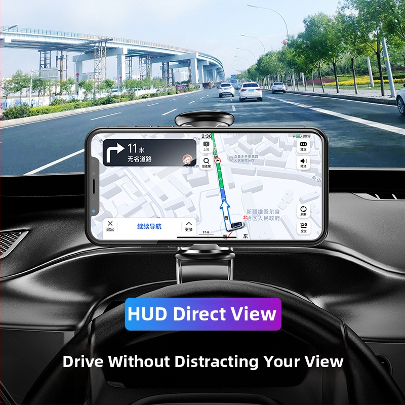 Automobilový držiak na telefón s HUD vizuálnou oporou; ABS + silikón + hardware; univerzálna kompatibilita; podpora prispôsobenia; vhodné pre palubnú dosku, slnečník a spätné zrkadlo.