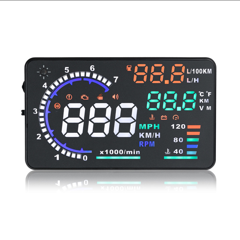 Auto HUD displejs modeļa A8, OBD2 saderīgs, metāla korpuss, barošanas avots caur OBD interfeisu, svars 322 g