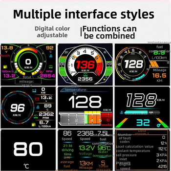 OBD Head-Up displejs ar tačometru, eļļas un ūdens temperatūru, LCD 480p, modeļa XAS-K10, barošana ar OBD