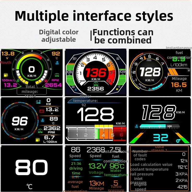OBD Head-Up displejs ar tačometru, eļļas un ūdens temperatūru, LCD 480p, modeļa XAS-K10, barošana ar OBD