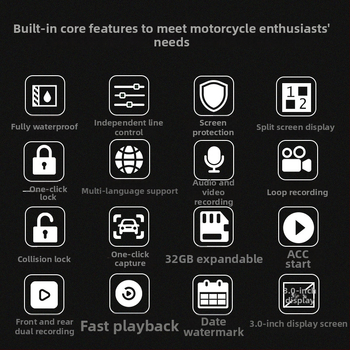 MT20 mootorratta dash-kamera kahe objektiiviga, veekindel, 120° vaatenurk, 2.0 MP, 3-tolline ekraan, juhtmega puldiga