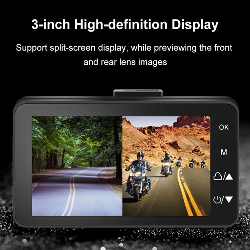 Dviratininko dviejų objektyvų dash cam priekinis ir galinis įrašas, atsparus vandeniui, 120° matymo kampas, 2,0 colių ekranas, palaiko microSD iki 128 GB