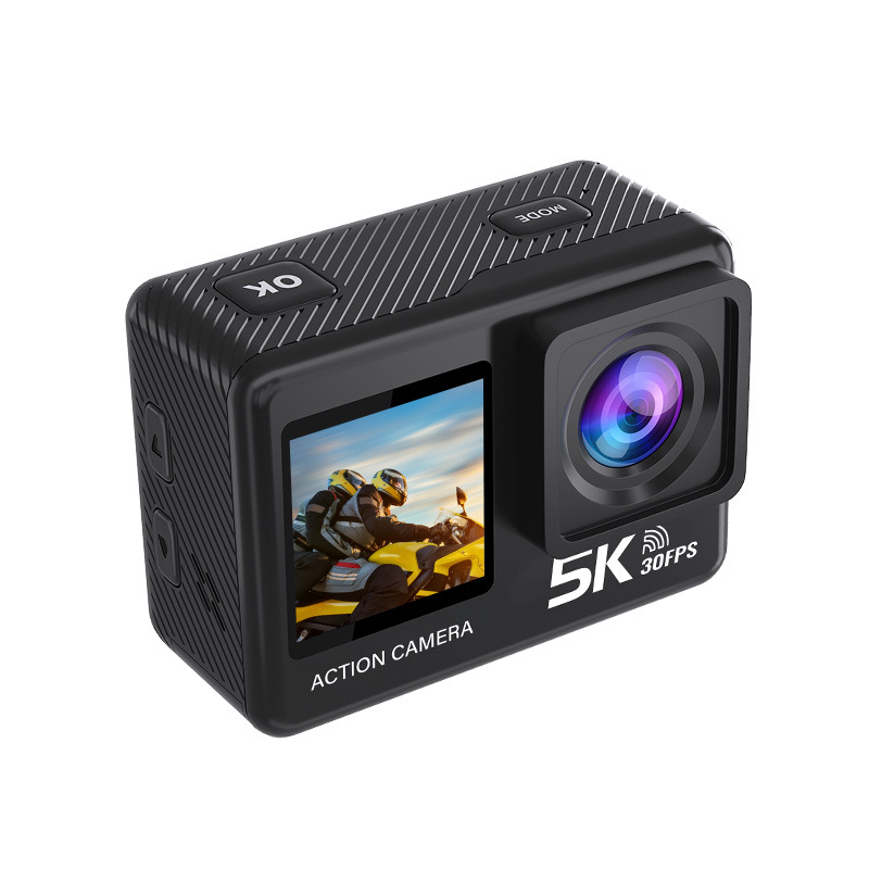 5K sporto kamera su priekyje ir gale dvigubu ekranu, anti-shake stabilizacija, atspari vandeniui, 2.0 colių LCD, microSD iki 128GB