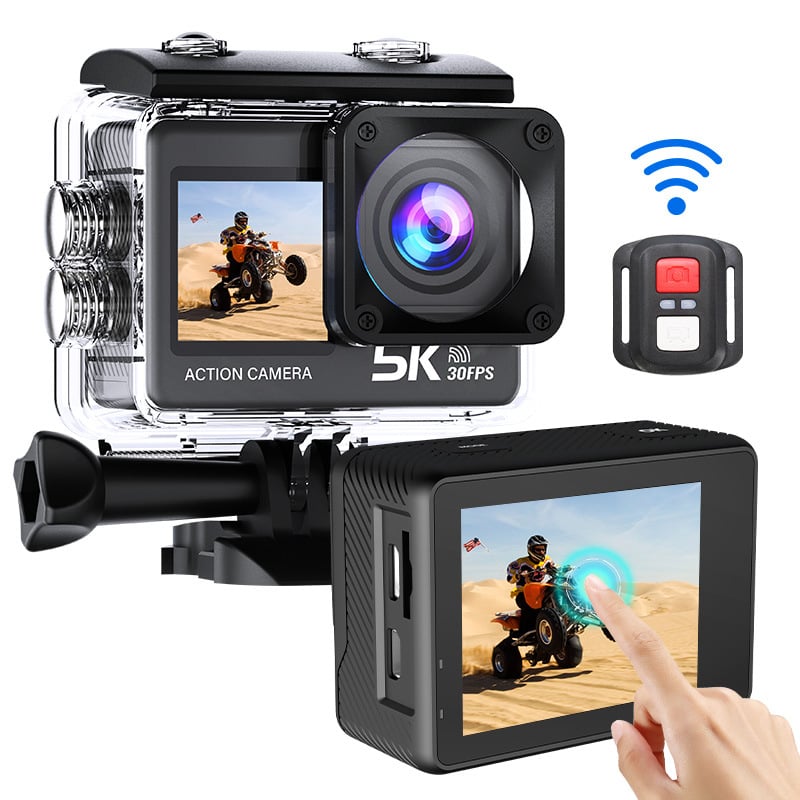 5K sporto kamera su priekyje ir gale dvigubu ekranu, anti-shake stabilizacija, atspari vandeniui, 2.0 colių LCD, microSD iki 128GB