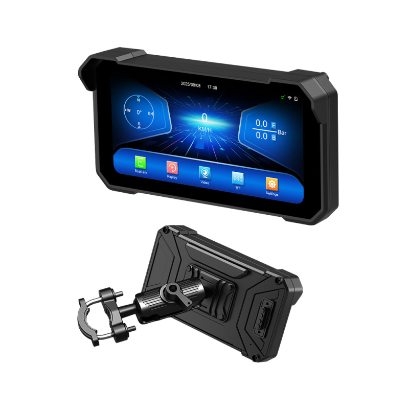 Motociklistička dash kamera s CarPlay/Android Auto, dvostruko snimanje (prednje i stražnje), 1080p, 140° kut snimanja, praćenje tlaka u gumama, 256GB memorije