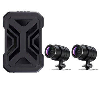Motociklo priekinių ir galinių dash cam, 1080p dvigubas įrašas, 140° matymo kampas, palaiko microSD iki 128GB, DC 12–72V