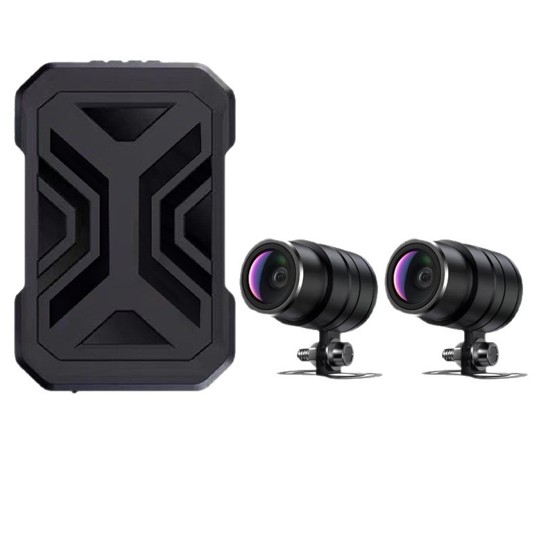 Motociklo priekinių ir galinių dash cam, 1080p dvigubas įrašas, 140° matymo kampas, palaiko microSD iki 128GB, DC 12–72V