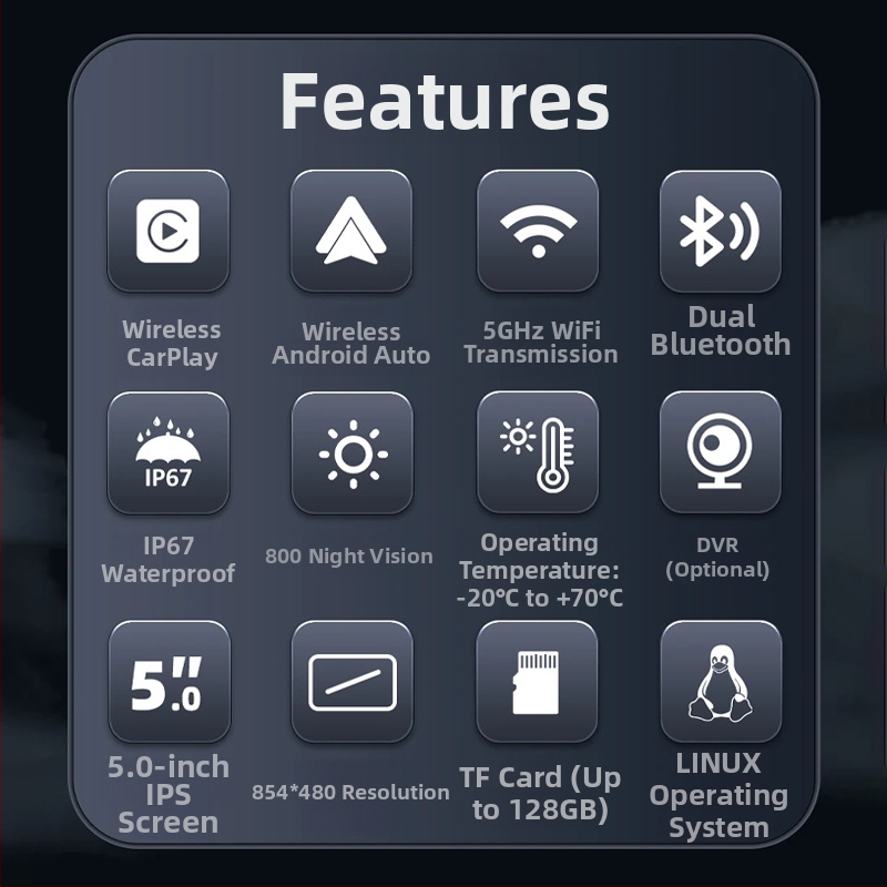 Motika ekraaniprojektsiooniga navigatsioonivideo registreerija, ees- ja tagumine kaamera, IP68 veekindel, rehvi rõhu jälgimine, TF-kaart kuni 64GB