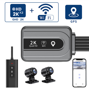 Motociklų DVR V11 – vandeniui atspari 2K vaizdo kamera su dvigubu įrašu ir GPS stovėjimo stebėsena, 160° matymo kampas, ciklinis įrašymas, iki 256GB, USB 2.0