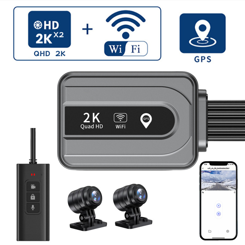 Motociklų DVR V11 – vandeniui atspari 2K vaizdo kamera su dvigubu įrašu ir GPS stovėjimo stebėsena, 160° matymo kampas, ciklinis įrašymas, iki 256GB, USB 2.0