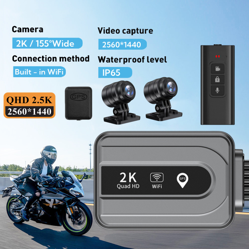 Motociklų DVR V11 – vandeniui atspari 2K vaizdo kamera su dvigubu įrašu ir GPS stovėjimo stebėsena, 160° matymo kampas, ciklinis įrašymas, iki 256GB, USB 2.0