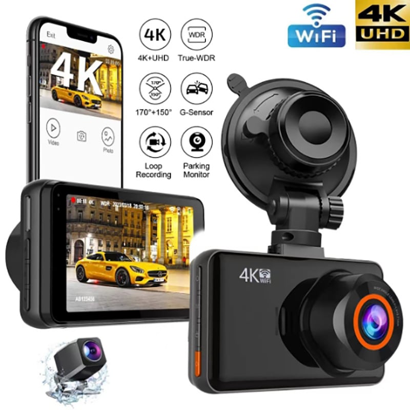 3-inčna dash cam s prednjim i stražnjim zapisom, 4K nadzor parkiranja i prikaz za vožnju unatrag, Wi-Fi DVR