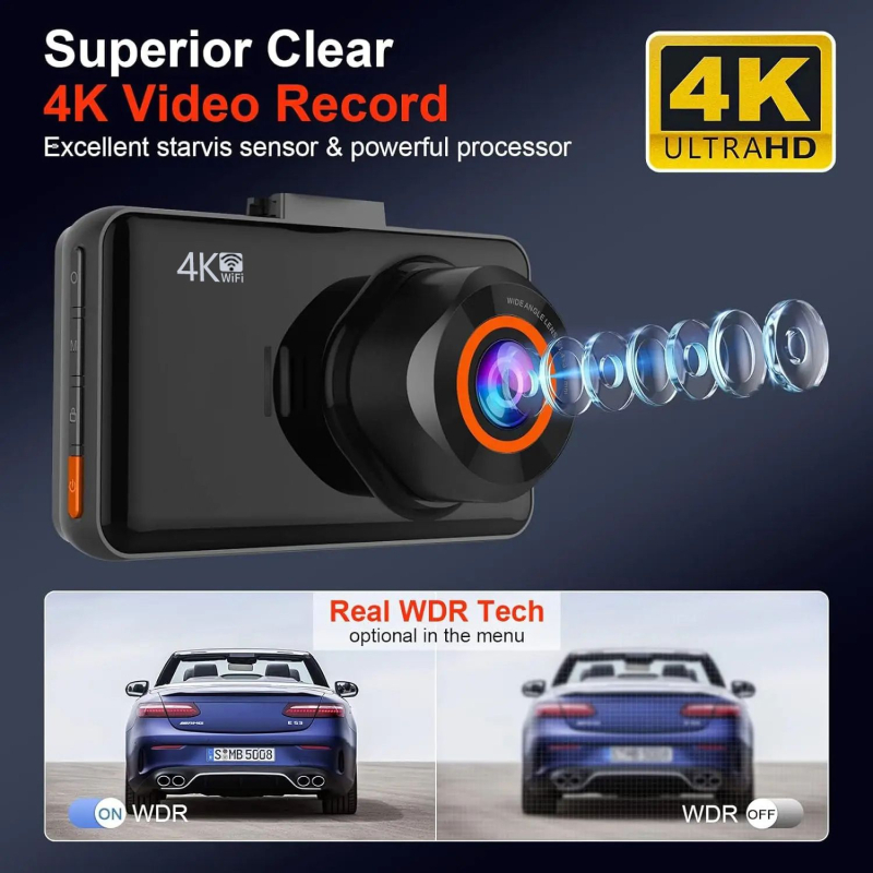 3-inčna dash cam s prednjim i stražnjim zapisom, 4K nadzor parkiranja i prikaz za vožnju unatrag, Wi-Fi DVR