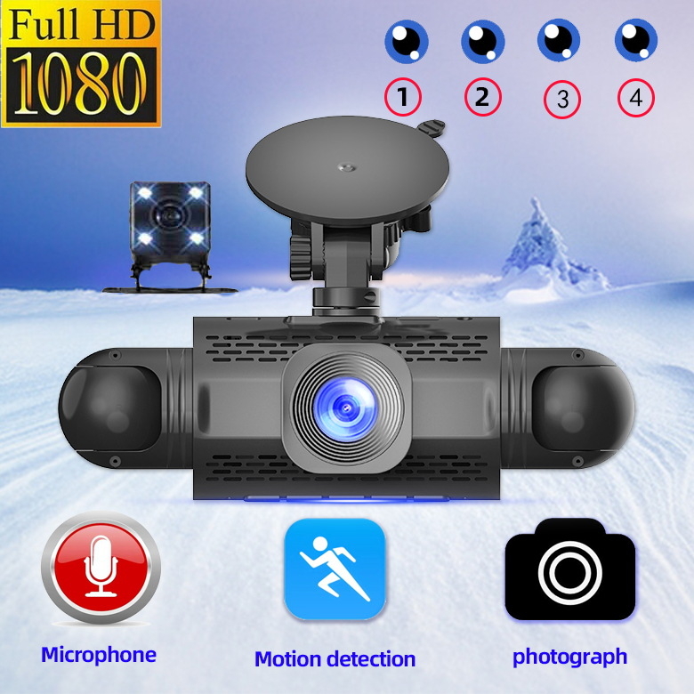 Četverokanalarni auto DVR s infracrvenim noćnim vidom, nadzor parkiranja, prednja i stražnja snimka, 1080p, 140° kut gledanja, USB/HDMI izlaz