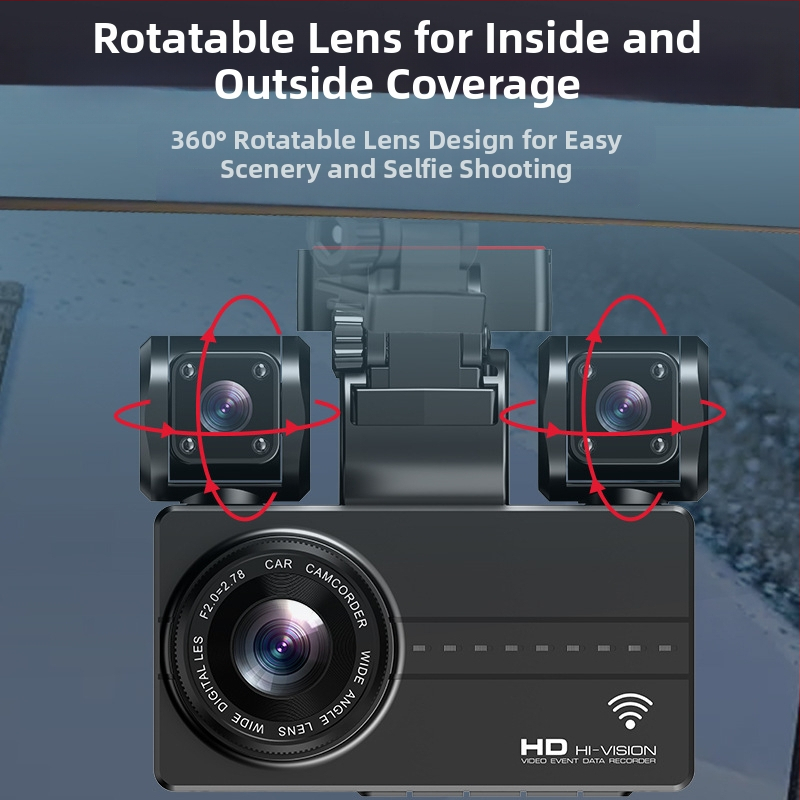 Automobilio dash cam su trim kameromis, 1080p, 170° platus kampas, WIFI, naktinis matymas