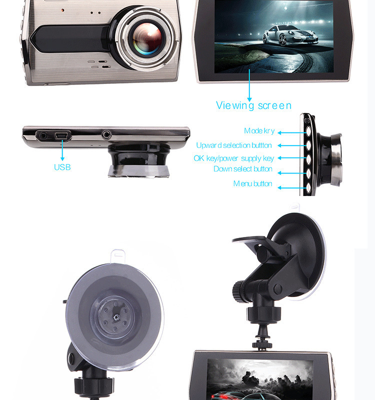 Jinglu automobilių vaizdo registratorius iš cinko lydinio, dviejų objektyvų, 1080p priekyje ir gale, 150° matymo kampas, TF kortelės palaikymas, 12V maitinimas