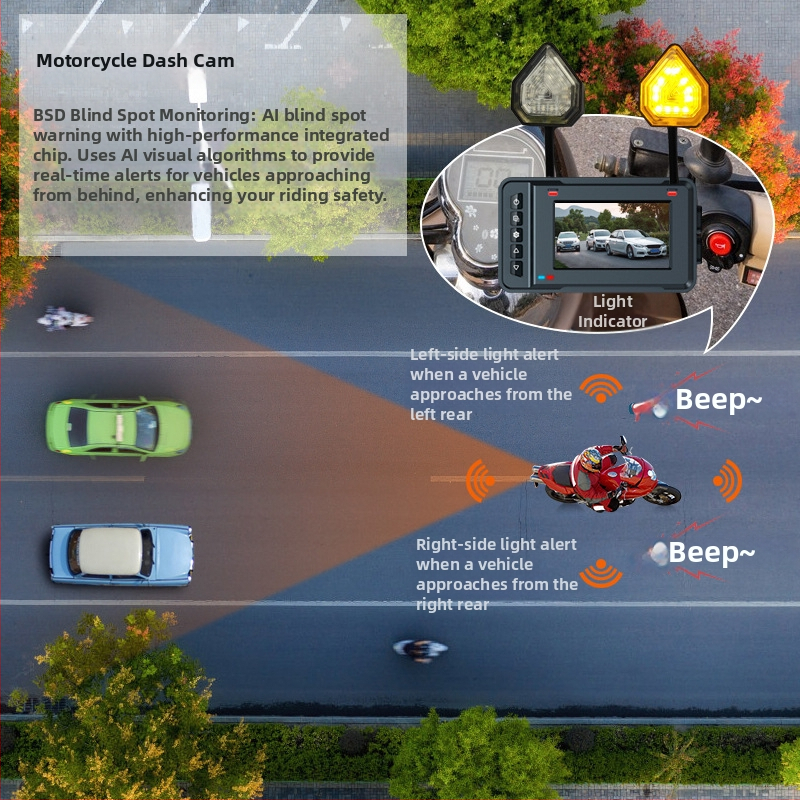 Motociklo vaizdo registratorius su ADAS ir BSD aklųjų zonų įspėjimu, 2K HD, GPS sekimas, atsparus vandeniui