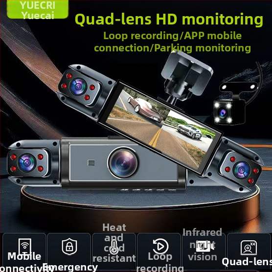 Keturių objektyvų dash kamera, 1080p raiška, 150° matymo kampas, 3,0 colių ekranas, USB duomenų perdavimas