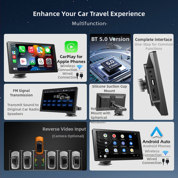 MP5 automobilių multimedijų navigacija su Bluetooth, Apple CarPlay ir Android Auto; palaiko AVI/MP4 vaizdo įrašus ir MP3/WAV garsą; MicroSD kortelės lizdas
