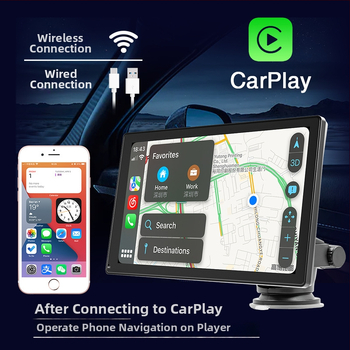 MP5 automobilių multimedijų navigacija su Bluetooth, Apple CarPlay ir Android Auto; palaiko AVI/MP4 vaizdo įrašus ir MP3/WAV garsą; MicroSD kortelės lizdas