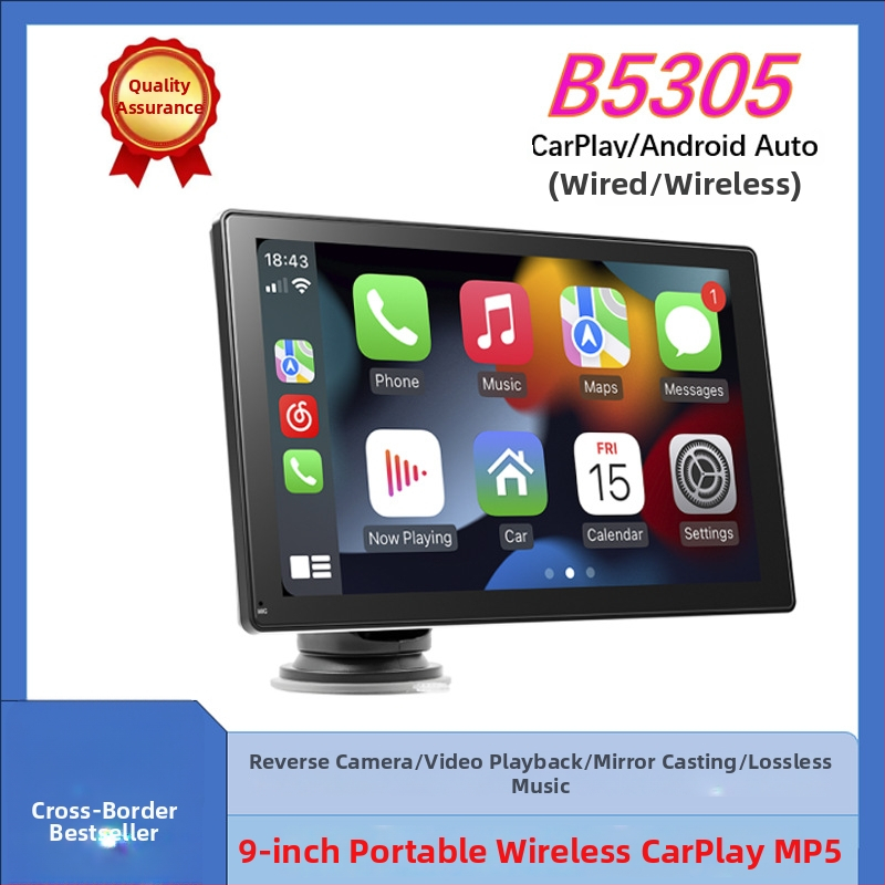 MP5 automobilių multimedijų navigacija su Bluetooth, Apple CarPlay ir Android Auto; palaiko AVI/MP4 vaizdo įrašus ir MP3/WAV garsą; MicroSD kortelės lizdas