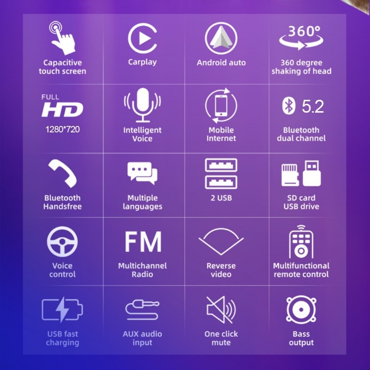 Automobilinė informacinė-pramogų plokštė su belaidžiu CarPlay, MP5 multimedių grotuvas, FM radijas, kapacitinis jutiklinis ekranas, 12V maitinimas