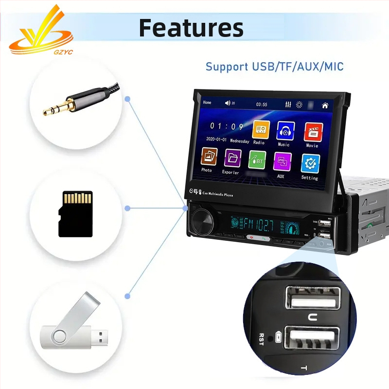 Auto multimediálny prijímač s jedným DIN 7-palcovým displejom, (Bluetooth CarPlay, 32GB úložisko, 1GB RAM, WINCE, 1080p)