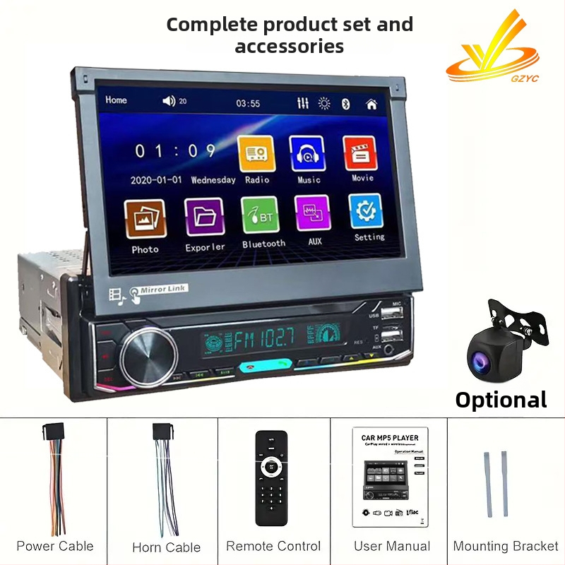 Auto multimediálny prijímač s jedným DIN 7-palcovým displejom, (Bluetooth CarPlay, 32GB úložisko, 1GB RAM, WINCE, 1080p)