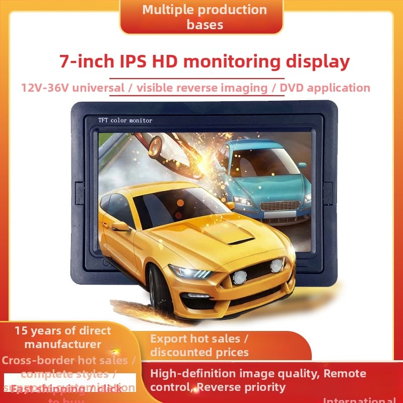 Autó LCD monitor széles látószögű kijelzővel és tolató képpel, TFT 800x480, PAL/NTSC, 12-36V
