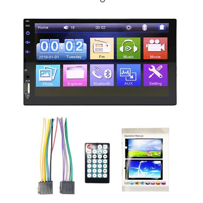 Haohuida player Bluetooth pentru mașină MP5/MP3 cu SD/USB, afișaj OLED, suportă videoclipuri AVI/MPEG-4/FLV/MPG și audio MP3/WMA/WAV, alimentare 12-24V DC.