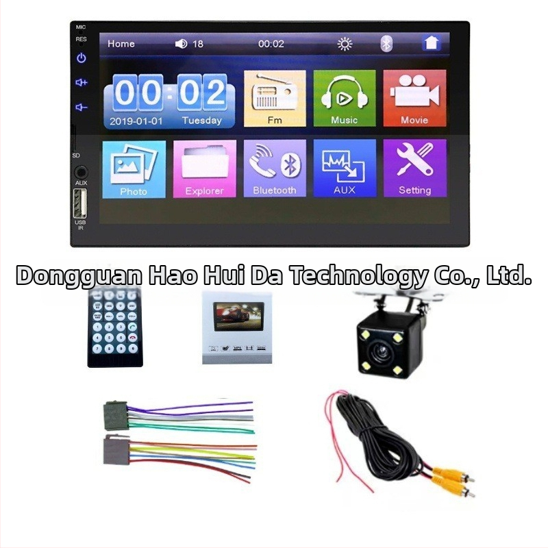 Haohuida auto Bluetooth MP5/MP3 atskaņotājs ar SD/USB, OLED displejs, atbalsta AVI/MPEG-4/FLV/MPG video formātus un MP3/WMA/WAV audio formātus, 12-24V DC barošana.