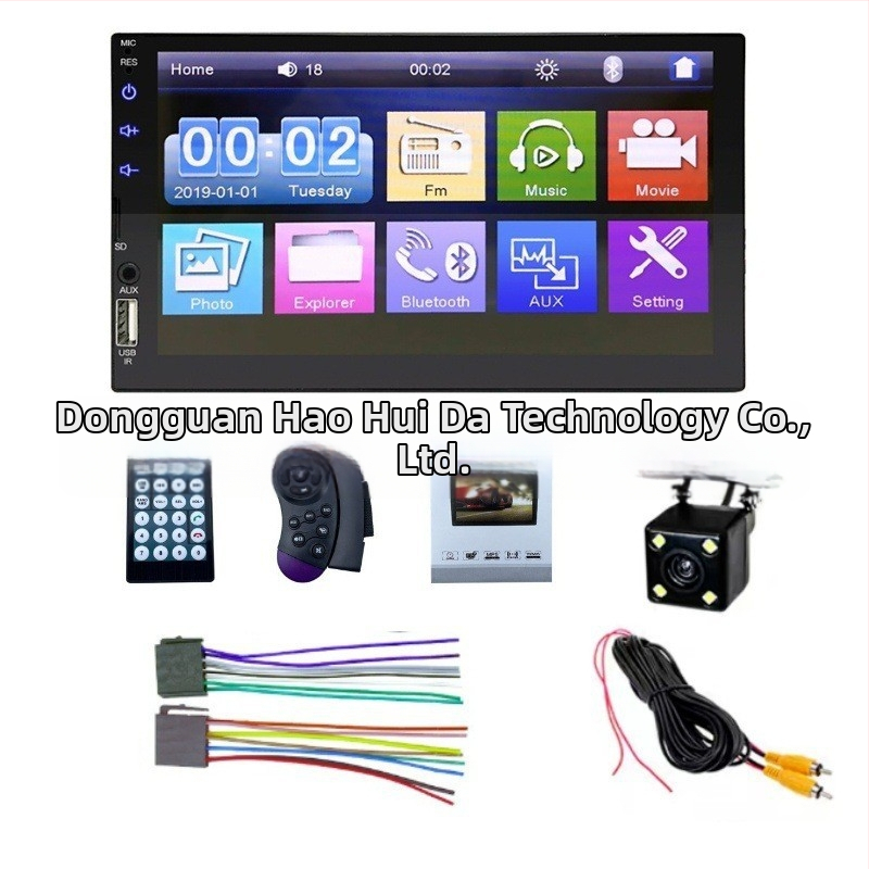 Haohuida auto Bluetooth MP5/MP3 atskaņotājs ar SD/USB, OLED displejs, atbalsta AVI/MPEG-4/FLV/MPG video formātus un MP3/WMA/WAV audio formātus, 12-24V DC barošana.