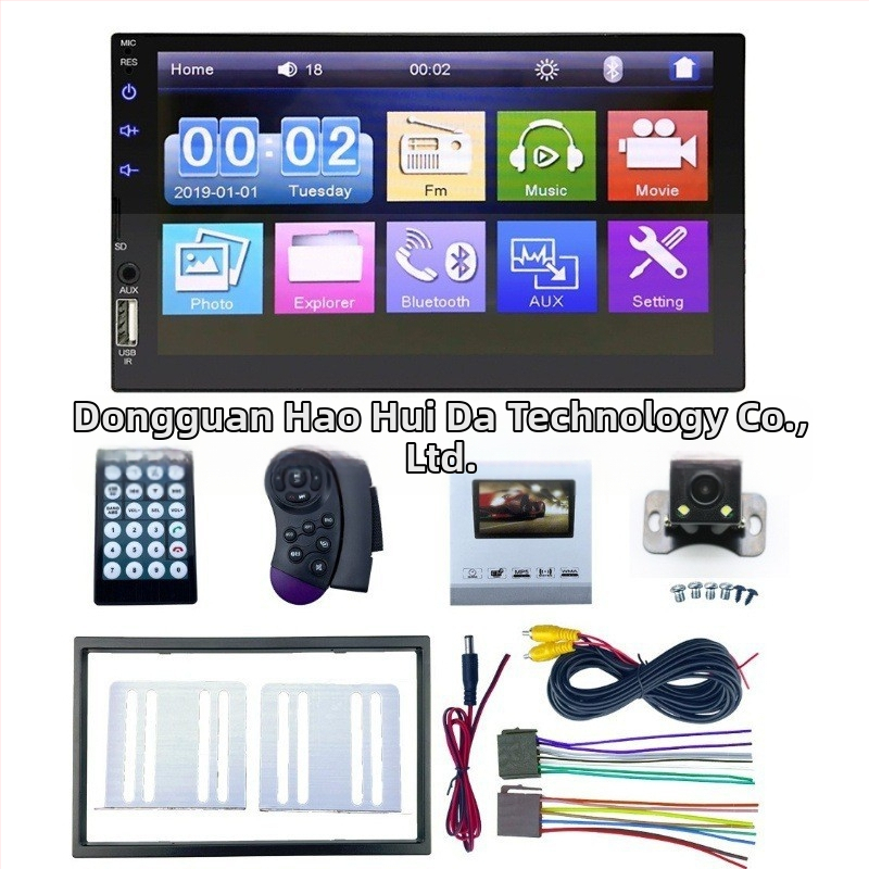 Haohuida auto Bluetooth MP5/MP3 atskaņotājs ar SD/USB, OLED displejs, atbalsta AVI/MPEG-4/FLV/MPG video formātus un MP3/WMA/WAV audio formātus, 12-24V DC barošana.