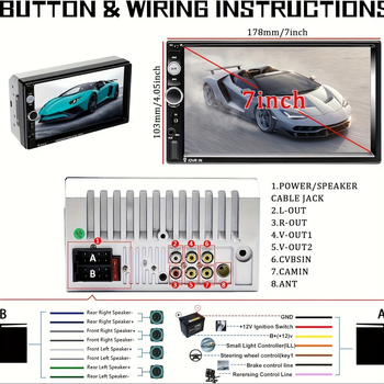 7 colių automobilių MP5 su atbulinės eigos vaizdu, Bluetooth, FM radijas, USB/SD atkūrimas, maitinimas 12–24V