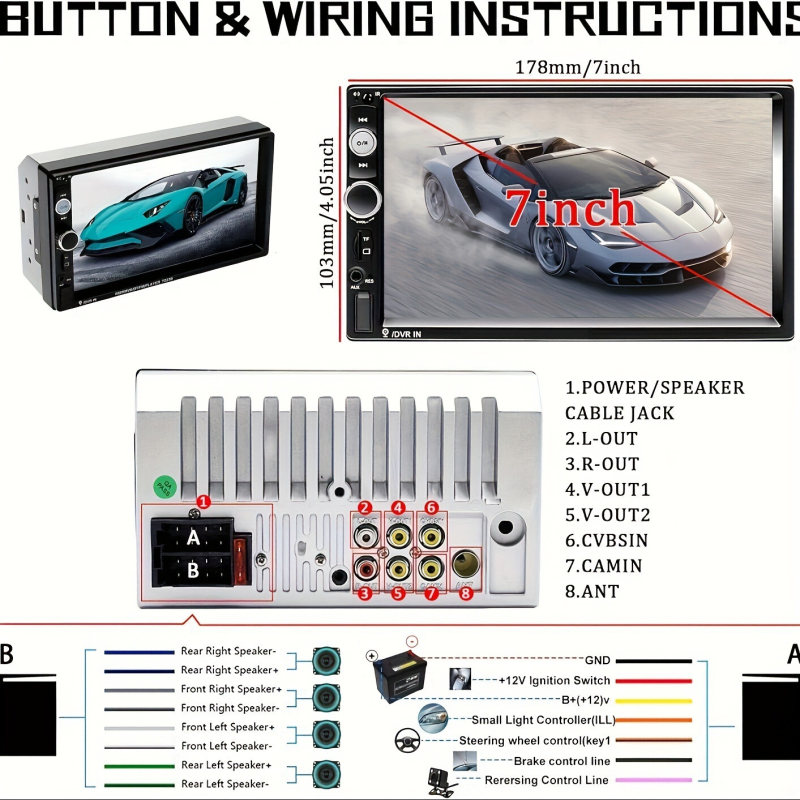 7 colių automobilių MP5 su atbulinės eigos vaizdu, Bluetooth, FM radijas, USB/SD atkūrimas, maitinimas 12–24V