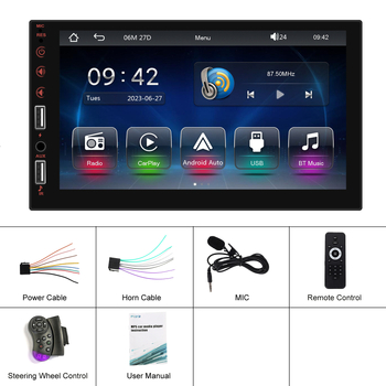 7 colių MP5 automobilio grotuvui laidinį CarPlay, Bluetooth, galinio vaizdo kameros integracija, SD kortelės palaikymas, 12–24V DC įtampa