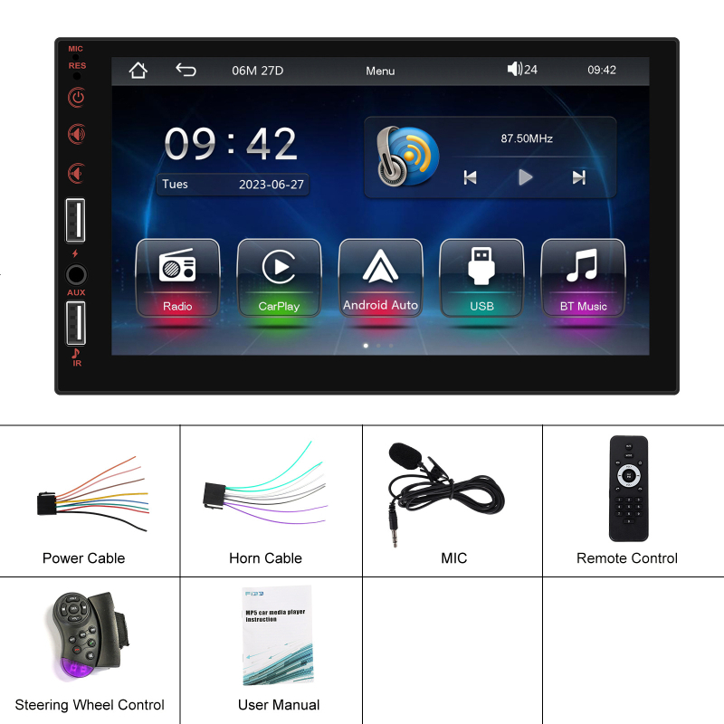 7 colių MP5 automobilio grotuvui laidinį CarPlay, Bluetooth, galinio vaizdo kameros integracija, SD kortelės palaikymas, 12–24V DC įtampa