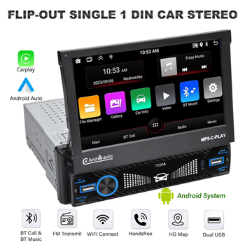 Automobilinis Bluetooth MP5 grotuvė su ištraukiamu OLED ekranu, modelis 7220A, 12V DC maitinimas, AVI/MOV vaizdo įrašas, MP3/WMA/WAV/FLAC garsas, be atminties plėtimo