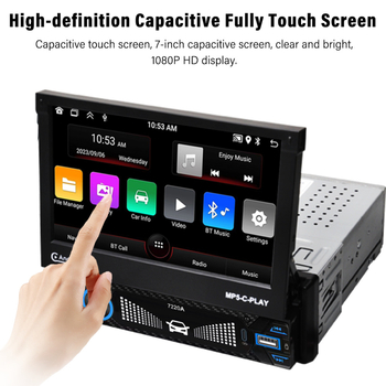 Automobilinis Bluetooth MP5 grotuvė su ištraukiamu OLED ekranu, modelis 7220A, 12V DC maitinimas, AVI/MOV vaizdo įrašas, MP3/WMA/WAV/FLAC garsas, be atminties plėtimo
