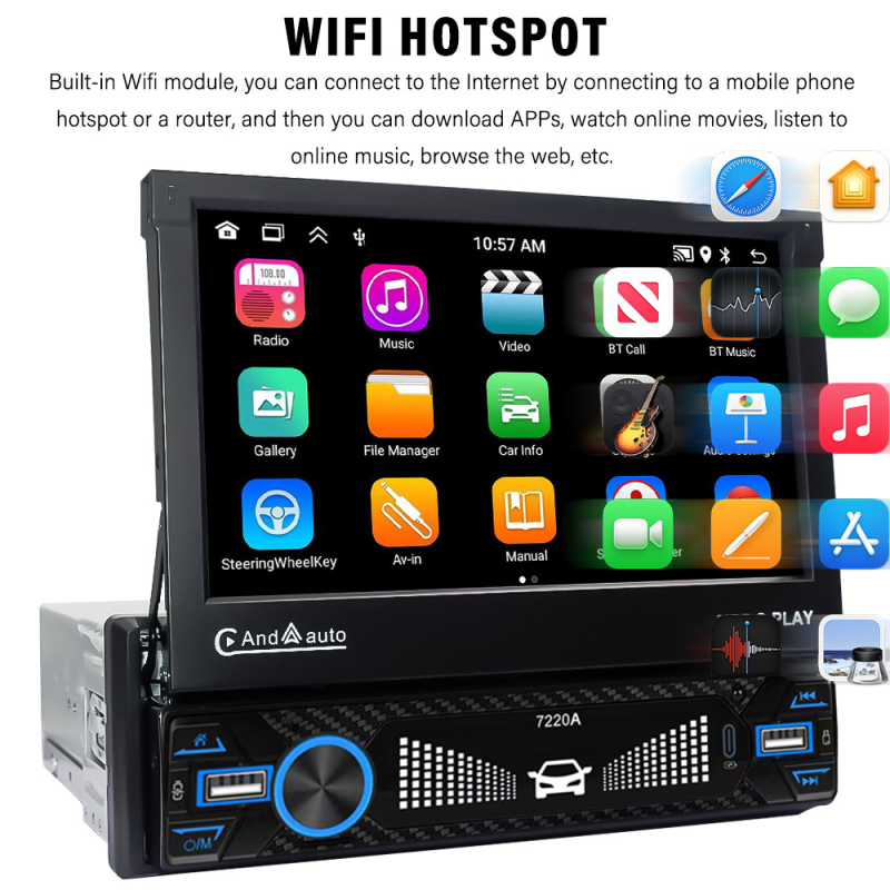 Automobilinis Bluetooth MP5 grotuvė su ištraukiamu OLED ekranu, modelis 7220A, 12V DC maitinimas, AVI/MOV vaizdo įrašas, MP3/WMA/WAV/FLAC garsas, be atminties plėtimo