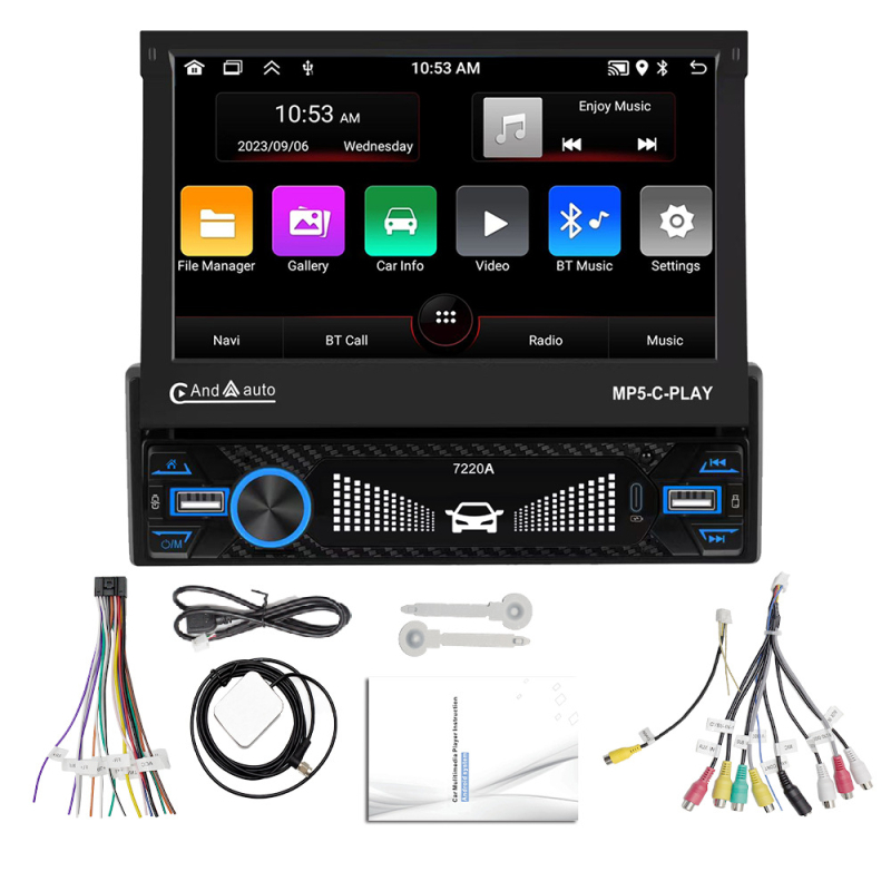 Automobilinis Bluetooth MP5 grotuvė su ištraukiamu OLED ekranu, modelis 7220A, 12V DC maitinimas, AVI/MOV vaizdo įrašas, MP3/WMA/WAV/FLAC garsas, be atminties plėtimo
