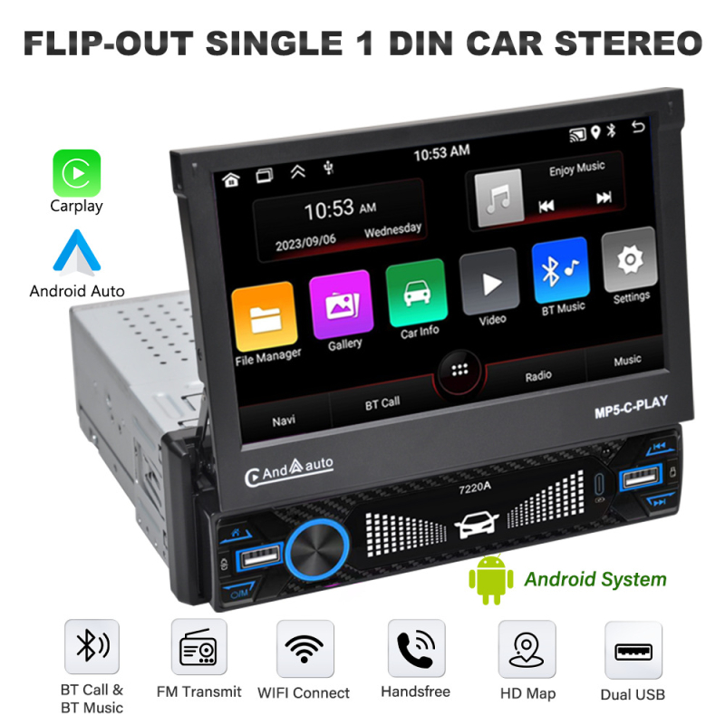 Automobilinis Bluetooth MP5 grotuvė su ištraukiamu OLED ekranu, modelis 7220A, 12V DC maitinimas, AVI/MOV vaizdo įrašas, MP3/WMA/WAV/FLAC garsas, be atminties plėtimo