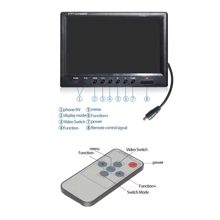 Autó hátrameneti kijelző, 9 hüvelykes LCD-monitor, felbontás 800x480, CVBS bemenet, PAL/NTSC, modell D09