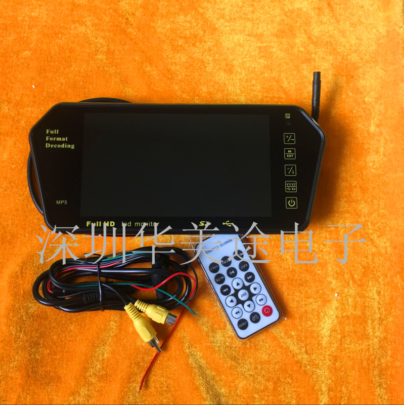 Automobilio galinio vaizdo veidrodžio ekranas su LCD, maitinimas 12–24V DC, SD kortelės palaikymas, vaizdo formatai MP4/FLV ir kt., garso formatų MP3/WAV/APE/FLAC