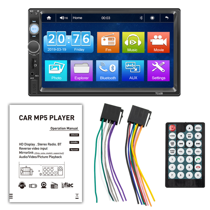 7 colių OLED automobilinis MP5 grotuvė su CarPlay, Bluetooth ir atbulinės eigos vaizdu, maitinimas 12-24V DC