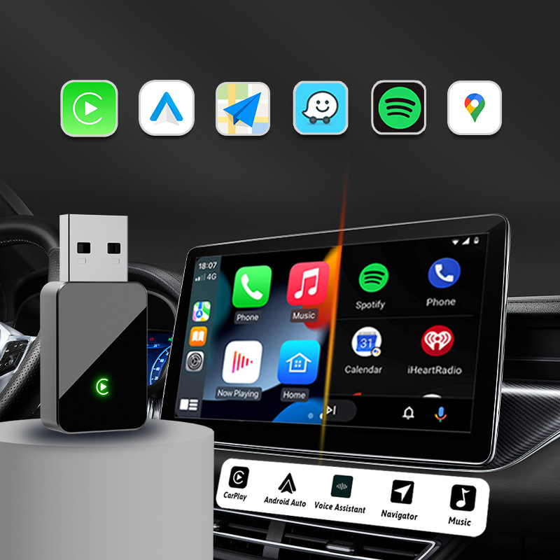 PL9 belaidis CarPlay adapteris — 2-in-1 kabelinis/ belaidis CarPlay su Android Auto, TF kortų palaikymas iki 256 GB