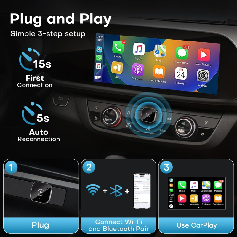 2-in-1 laidinis į bevielį CarPlay ir Android Auto adapterį, modelis A21s, svoris 43 g, medžiaga: aliuminio lydinys + akrilo lęšis, įtampa 5V