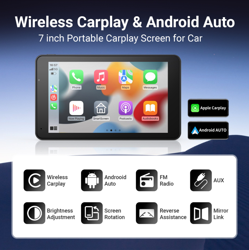 Carlover V7 Prijenosna Navigacija Za Auto S Bežičnim CarPlayem I Slikom Stražnjeg Pogleda, Dual‑Core CPU, RTOS, Rezolucija 1024x600