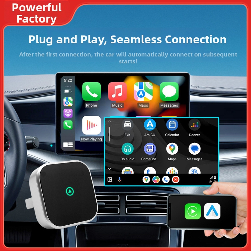 Dvikanalė belaidė CarPlay + Android Auto dėžutė su USB-C, 5V 3-5W, T tipo horizontali jungtis