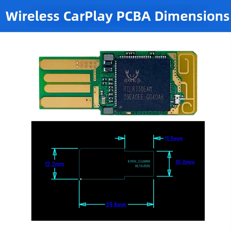 CarPlay belaidis adapteris su laidinio perėjimu į belaidį CarPlay funkciją, Realtek rtl8730eam, PCBA motininė plokštė, pritaikymas, suderinamas su VW, Audi, Mercedes-Benz, Toyota, Honda